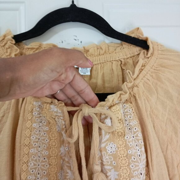 American Eagle Blouse Y2K Embroidered Boho Bohemia S Cotton Blend Mustard Womens - Picture 5 of 11
